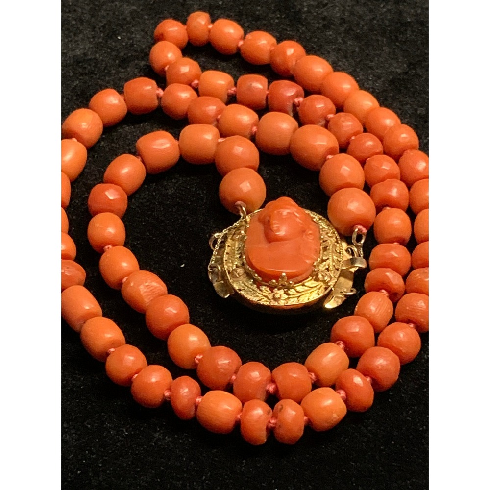 Antique Natural Orange Coral Bead Necklace Carved Cameo 18K Filigree Box Clasp